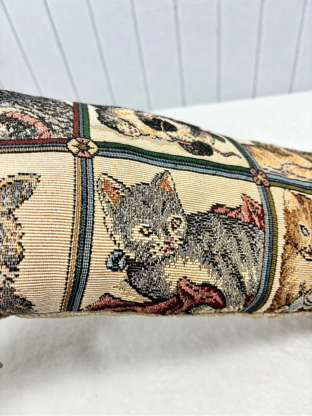 Vintage Tapestry  Kitten Bolster Pillow with Tassels